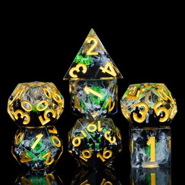 Cusdie Sharp Edges DND Dice, 7 PCs Flower Dice Set D&D D20 D12 D10 D8 D6 D4, Handcrafted Polyhedral Dice Set for RPG Pathfinder and Other Table Games(Scenery/Green Flower)