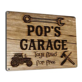 Alamazookie Pop's Garage Toys Fixed for Free, 12x16 Inch Metal Sign, Vintage Workshop and Garage Signs Wall Decor, Gifts for Papa, Dad, Pop, Woodworking, Woodturning, Cabinet Maker, Mechanic