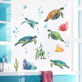 decalmile Wall Sticker Sea Turtles Under the Sea Coral Seaweed Wall Sticker Bedroom Bathroom Children's Room Wall Decoration