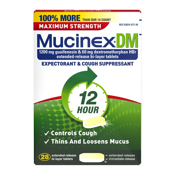 Mucinex DM Maximum Strength 12-Hour Expectorant and Cough Suppressant Tablets, 28 Count