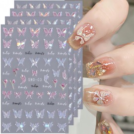 Shiny Pink Butterfly Nail Art Sticker Butterfly Nail Decals 3D Self-Adhesive Nail Art Supplies Laser Glitter Butterflies Nail Design Stickers for Nail Art Foil Butterfly Charm DIY Manicure Decor
