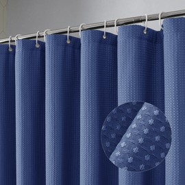 OVZME Long Fabric Shower Curtain Set, Waffle Textured Shower Curtain for Bathroom - Weight 230GSM Heavy Duty Hotel Spa Luxury Bath Curtain Set with 12 Plastic Hooks, 72x78, Blue