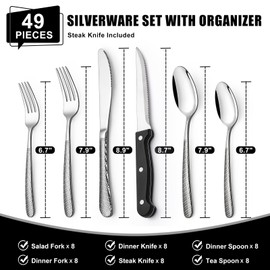 49-Piece Hammered Silverware Set with Organizer, Heavy Duty Stainless Steel Flatware for 8, Cutlery Utensil Sets with Steak Knives, Rust-proof, Mirror Polished, Dishwasher Safe