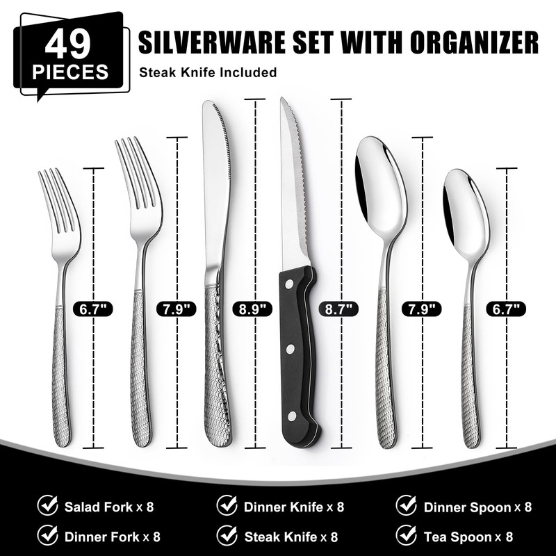 49-Piece Hammered Silverware Set with Organizer, Heavy Duty Stainless Steel