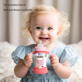 YOHKOH Natural Glass Baby Bottle with Natural Response Nipple, Wide Neck Baby Bottles with Handle, Newborn Anti-Colic Baby Bottles Gift Set, Clear (5.4oz (Pack of 4), Red)