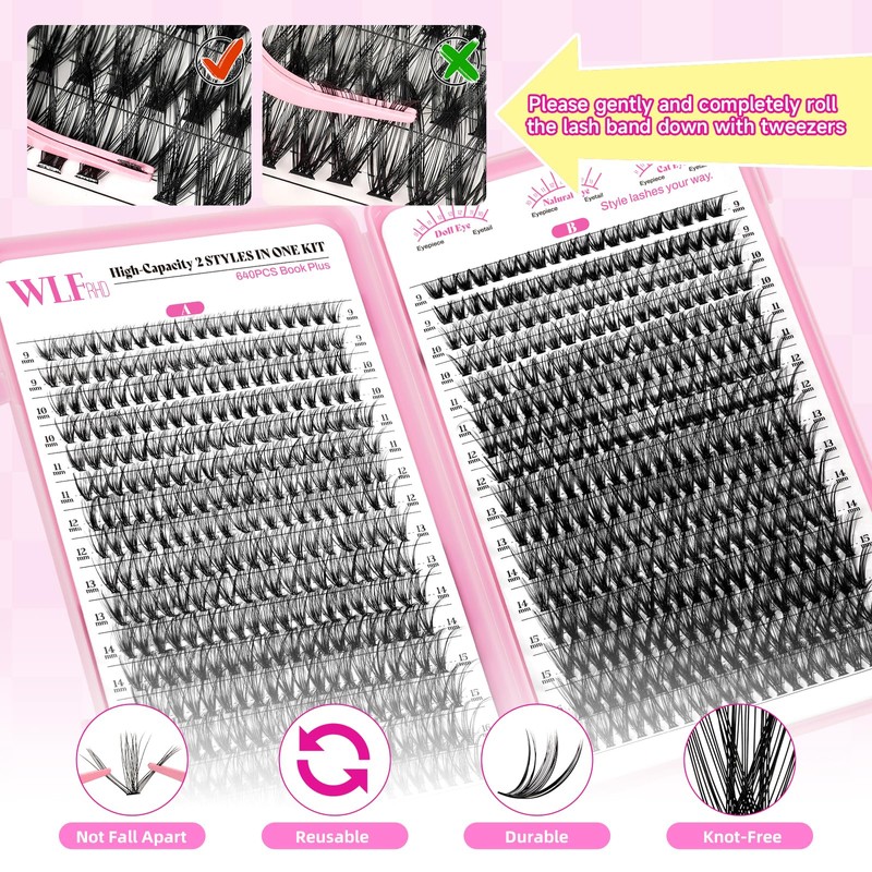 WLF Lash Clusters, 640 Pcs 2 Style 30D+40D Natural Cluster