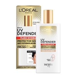 L'Oréal Paris Protector solar facial FPS50+ UV Defender Fluido Invisible Tono Medio, 40ml - Protección solar facial ultra ligero, -50% manchas y -30% arrugas debidas al sol, con Ácido Hialurónico