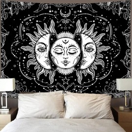 Lifeella Black and White Sun and Moon Tapestry, Burning Sun Tapestries Aesthetic Mystic Wall Hanging for Bedroom Decor 60×80 inch