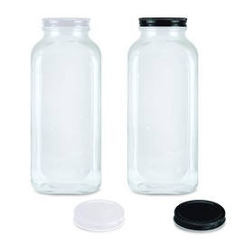 Crystal Country Glass Milk Bottle 32 Ounces | With 2 Extra Leak Free Lids, Measuring Marks, Vintage Jugs, Set of 2, Made in USA