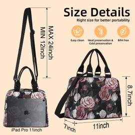 PBRO Insulated Lunch Bag for Women,Large Reusable Lunch Tote with Adjustable Shoulder Belt,Cute Pink Purple Floral Portable Lunch Box Cooler Bag,Perfect for Girls Travel Picnic,Office,Working -Purple