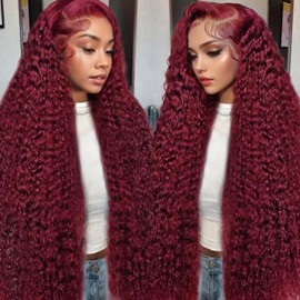 Nsvnsv 30 Inch Burgundy Wig Human Hair 99j Burgundy 13x6 Deep Wave Lace Front Wigs Human Hair Pre Plucked 180% Density HD Transparent Lace Frontal Wigs for Black Women Red Colored Wig
