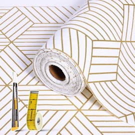 Shelf Liners for Kitchen Cabinets 12in x 20FT, Non Adhesive Cabinet Liner Strong Non-Slip Thickened Gold Geometric Drawer Liner, Easy to Clean for Shelf, Cabinet with Knife and Tape Measure