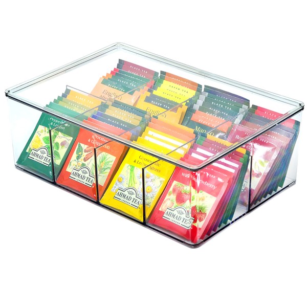 Youngever Large Plastic Tea Packet Organizer with Lids, Reusable Food Packet Storage Container Divided into 8 Compartments, Tea Bags Storage Bin (11" x 7.5" x 4")
