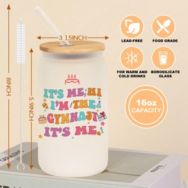 Pfkfo Gymnast Gymnastics Stuff Gifts Glass Cups, Gymnastics Lover Gifts, Gymnast Team Graduation Gift, 16oz Iced Coffee Glass Cup with Lid and Straw, It's Me Hi I'm The Gymnast It's Me