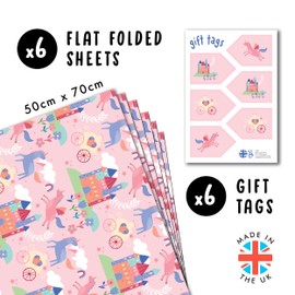 CENTRAL 23 Baby Girl Wrapping Paper - 6 Sheets Of Birthday Gift Wrap - Unicorn And Kingdom - Flower Rainbow Star - Pink Wrapping Paper For Girls Children Toddler - Comes With Stickers