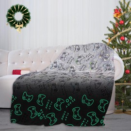 CoFlink Glow in Dark Game Blanket, 59×51 Inch Soft Flannel Fleece All Season Throw Blanket with Cute Pattern for Christmas Kids Gift (Gray-Game)