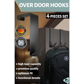 Menz Over Door Hanger – 1 1/2" Door Thickness - 4 pcs. Black Coat Hooks with Anti-Slip and Felt Pads, Sturdy Coat Hanger Türhaken