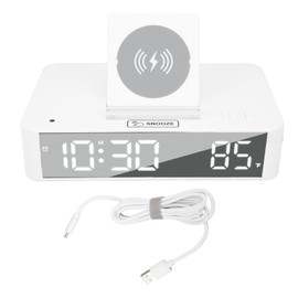 10W Digital Alarm Clock One Button Lifting LED Mirror Electronic Clock with 10W Wireless Charging for Bedroom Office Home EN001 White