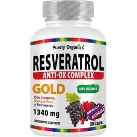 Suplemento Antioxidante 1340 mg | Resveratrol más Polifenoles, Betacaroteno, Licopeno y Vitamina C | Anti Ox Complex | Purely Organics | Resveratrol Gold | cápsulas Veganas | 1 Unidad de 90 cápsulas