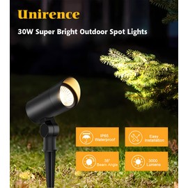 Unirence Outdoor Landscape Spotlight 30W Ultra Bright LED Spot Lights Outdoor 120V Waterproof Spot Lighting Warm White Landscape Lights with 5FT Cord with Plug for Flag Pole Tree Yard Garden