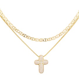 Mikovivi 2pcs CZ Cross Pendant Necklaces, Stackable Dainty Gold Cross Choker Chain Trendy CZ Diamond Crucifix Charm Simple Jewelry Gift for Women