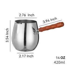 Turkish Coffee Pot 14oz/420ml with Wooden Handle, Cezve Ibrik Briki Stovetop Warmer for Milk Butter Chocolate Melting, Greek Arabic Coffee Maker, Maple Syrup & Sauce Heating Pan, 18/8 Stainless Stee