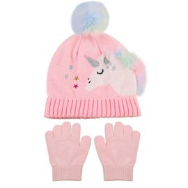 Toddler Kids Girls Winter Knit Unicorn Beanie Hat and Gloves Set with Pom Pom Age 2-8 Yrs