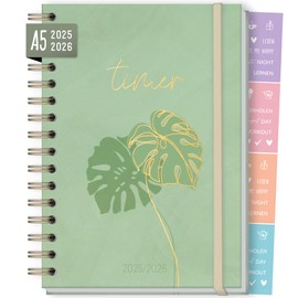 Häfft - Timer Fancy 2025/2026 A5 "Green Monstera" Student Planner with Hardcover and Spiral Bound for Upper Level, Education, Study, Term Aug 2025 - Sep 2026 - Sustainable & Climate Friendly
