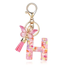 T TAKONE Key Fob Letter, Butterfly Glitter Pink Key Ring, Ideal Gift Car Keyring for Women/Children, H