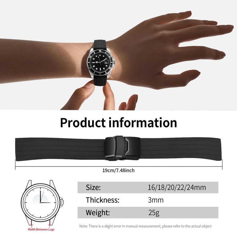ULLCHRO Unisex Rubber Bracelet with Stainless Steel Black Folding Clasp,