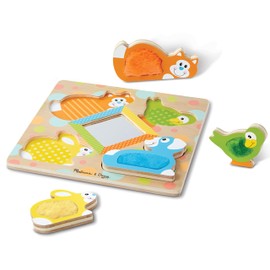 Melissa & Doug First Play Peek-a-Boo Pets Wooden Touch and Feel Puzzle with Mirror Mirror Toy for Babies and Toddlers, Sensory Toy Puzzle