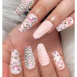 Kikmoya Ombre Press on Nails Coffin - Pink Medium Length Fake Nails with Rhinestones Design, 3D Ballerina Long Glossy Stick on False French Tip Nails for Women - 24pcs in 12 Sizes