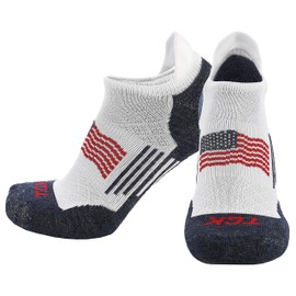 TCK USA Flag No Show Socks for Men & Women - Soft Cushioned Patriotic Low Cut Sock for Golf, Running, Training | Targeted Compression (Large) - White/Navy/Scarlet/Flag,Large