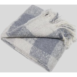 Fennco Styles Blue-Grey and White Faux Mohair Plaid Throw Blanket with Fringe – 50" x 60"