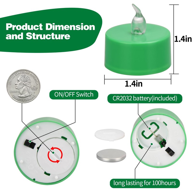 KOABY 12 Pack Green Light Non-Flickering Flameless Tea Lights, Green
