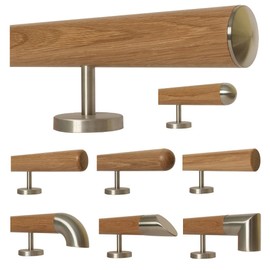 TIBU Oak Wooden Handrail Railing 0.3 m - 6 m, Length 30 cm, End Slightly Curved Stainless Steel Cap and 2 Straight Holders
