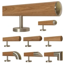 TIBU Oak Wooden Handrail Railing 0.3 m - 6 m, Length 30 cm, End Slightly Curved Stainless Steel Cap and 2 Straight Holders