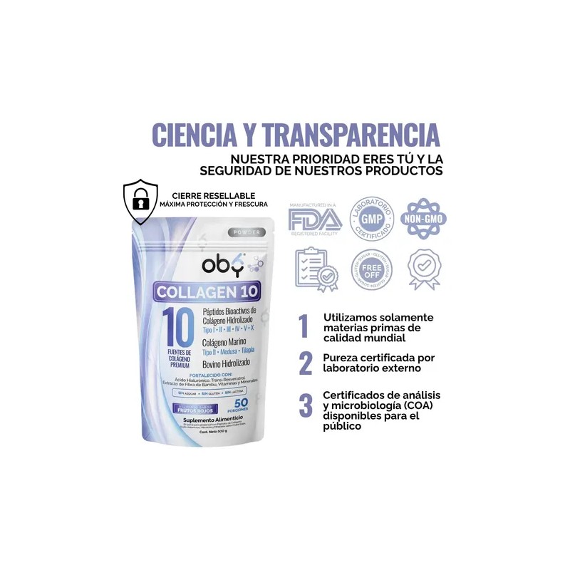 Colageno Hidrolizado 10 Tipos Premium. Peptidos Bioactivos. Oby Collagen 10