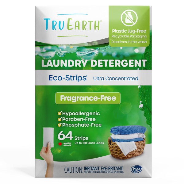 Tru Earth Laundry Detergent Sheets - Up to 128 Loads (64 Sheets) - No Plastic Jug - Original Eco-Strip Liquidless Laundry Detergent - Fragrance Free