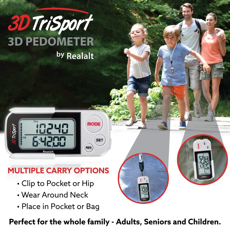 Realalt 3DTriSport 3D Pedometer, Accurate Step Counter with Clip and