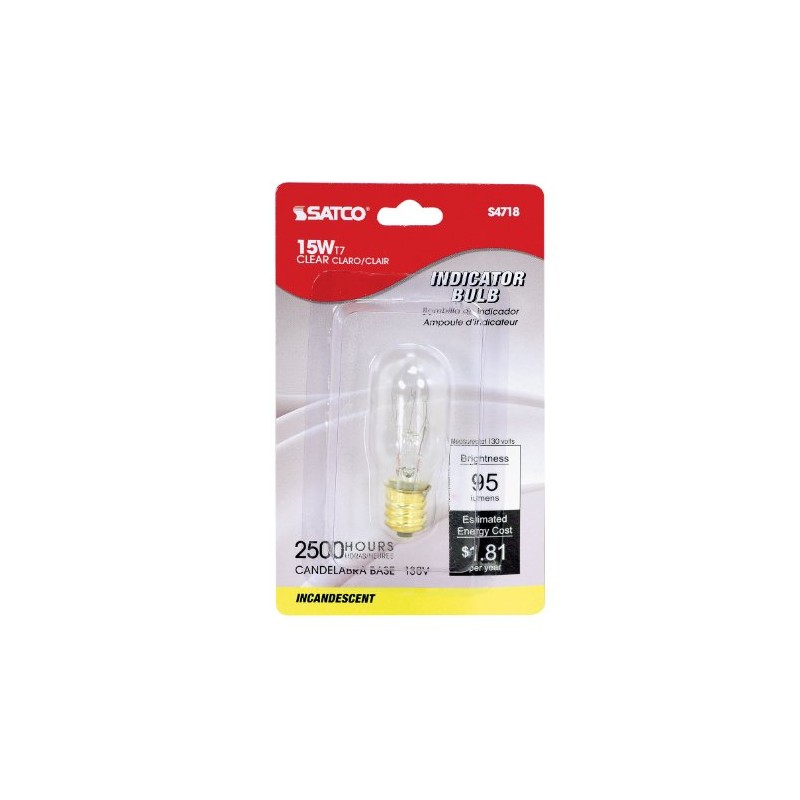 Satco S4718 130V Candelabra Base 15-Watt T7 Light Bulb, Clear