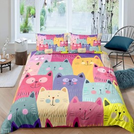 Tabeskly Kids Girls Cartoon Cat Cute Soft Zipper Bed Bedding Duvet Cover Set Single Multicolor 135×200cm