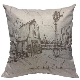 VERSUSWOLF Throw Pillow Covers Windmill Rustic Barn Farmhouse Hand Drawn Illustration Countryside Rural Meadow Taupe White Cotton Linen Decorative Square Pillowcases Cushion Cover 18 X 18 Inch