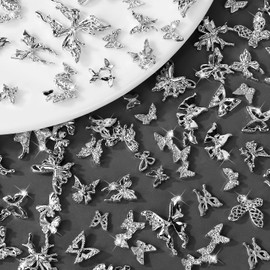AIPULIDUO Butterfly Nail Charms, 60PCS Nail Charms Silver Butterfly Charms Y2k Alloy Nail Art Rhinestone Charms 3D Nail Decorations Accessories Supplies for Crafts