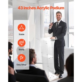 VEVOR Podium Stand, 43-Inch Acrylic Lectern, Portable Laptop Desk with Wide Reading Surface and Storage Shelf, Book Stopper, Floor-Standing, for Classroom, Wedding, Conference, Lecture and Concert