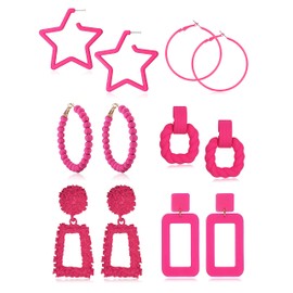 Suprsparkle 6 Pairs Hot Pink Earrings For Women Rectangle Geometric Tassel Heart Floral Dangle Earrings Star Twisted Rope Beaded Hoop Earrings Pink Statement Earrings