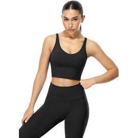 icyzone Women's Longline Sports Bra Padded V-Neck Fitness Yoga Crop Top U Back Gym Bra, black