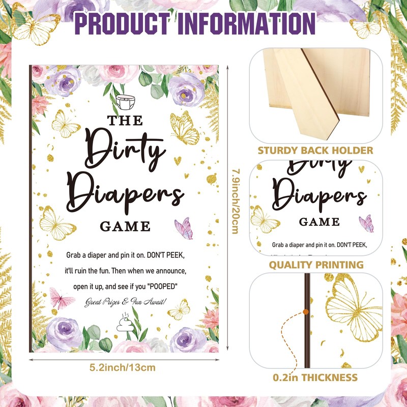 BBTO 51 Pcs Dirty Diaper Baby Shower Games Butterfly Baby