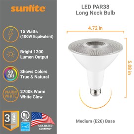 Sunlite 87934 LED PAR38 Long Neck Spotlight Bulb, 15 Watt (100W Halogen EQ), 1200 Lm, 40° Flood Beam, Medium E26 Base, 90 CRI, Dimmable, Title-20/24/CEC Compliant, UL Listed, 2700K Soft White, 1 Count