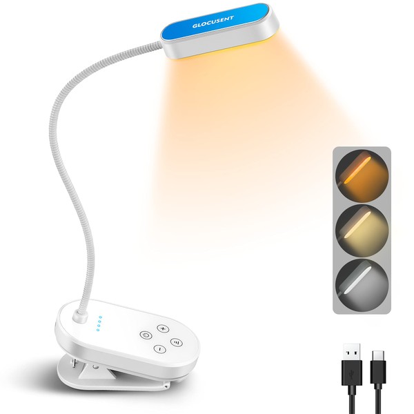 Glocusent Book Light, Reading Light, Clip, Small, 16 LED, 3 Tone Settings, 5 Levels of Dimming & Stepless Dimming, Touch Button, Type-C Rechargeable, Up to 80 Hours, Anti-Slip Design, Power Outages,